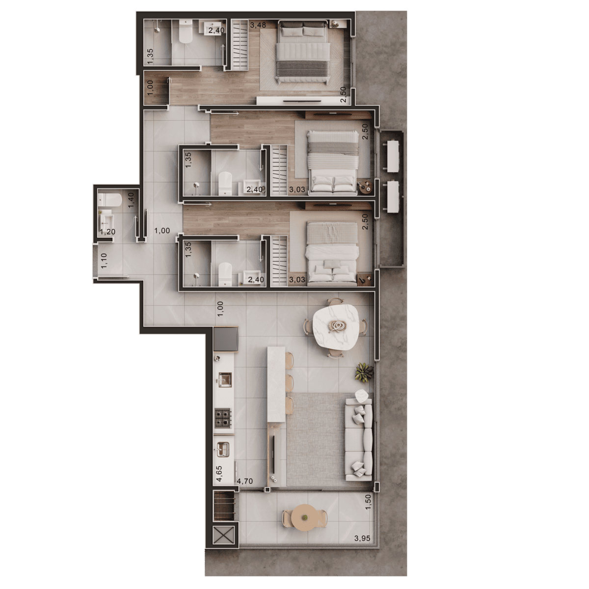 Tipo 1 - 3 suítes 7º ao 14º