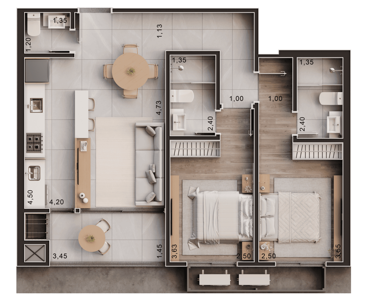 Tipo 2 - 2 suítes 7º ao 14º