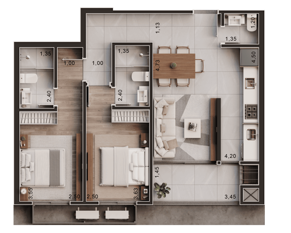 Tipo 3 - 2 suítes 7º ao 14º