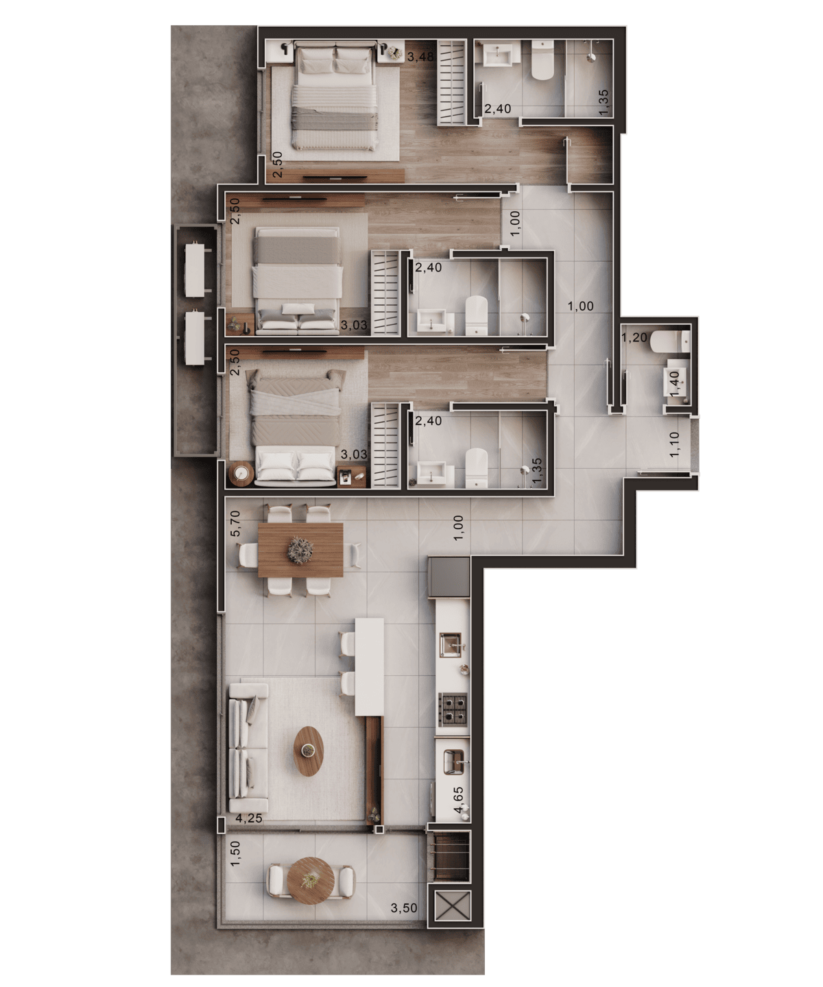 Tipo 4 - 3 suítes 7º ao 14º