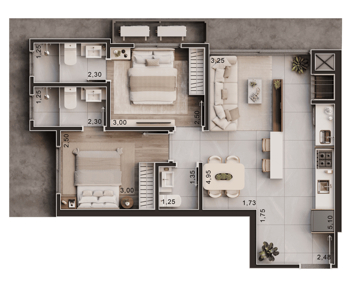 Tipo 5 - 2 suítes 7º ao 14º