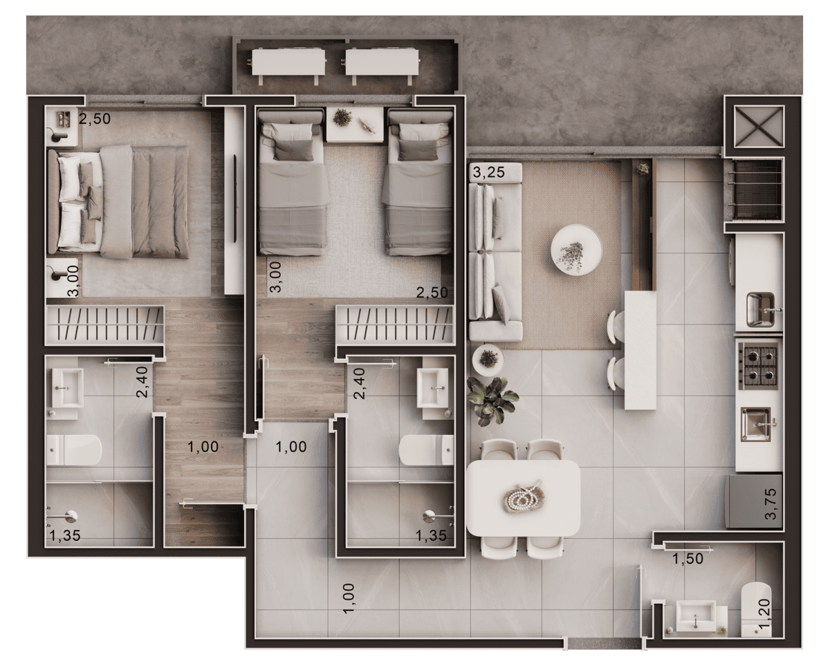 Tipo 6 - 2 suítes 7º ao 14º
