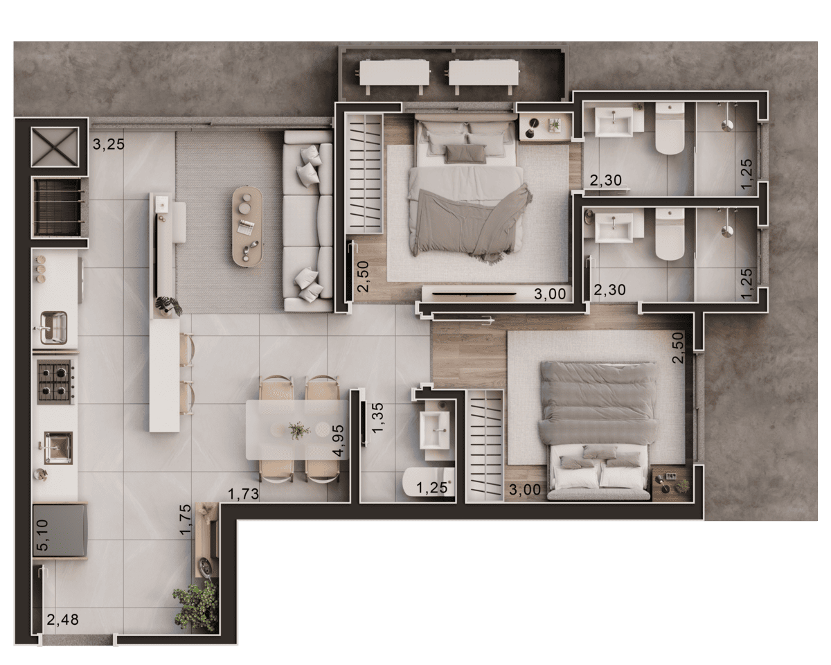 Tipo 7 - 2 suítes 7º ao 14º